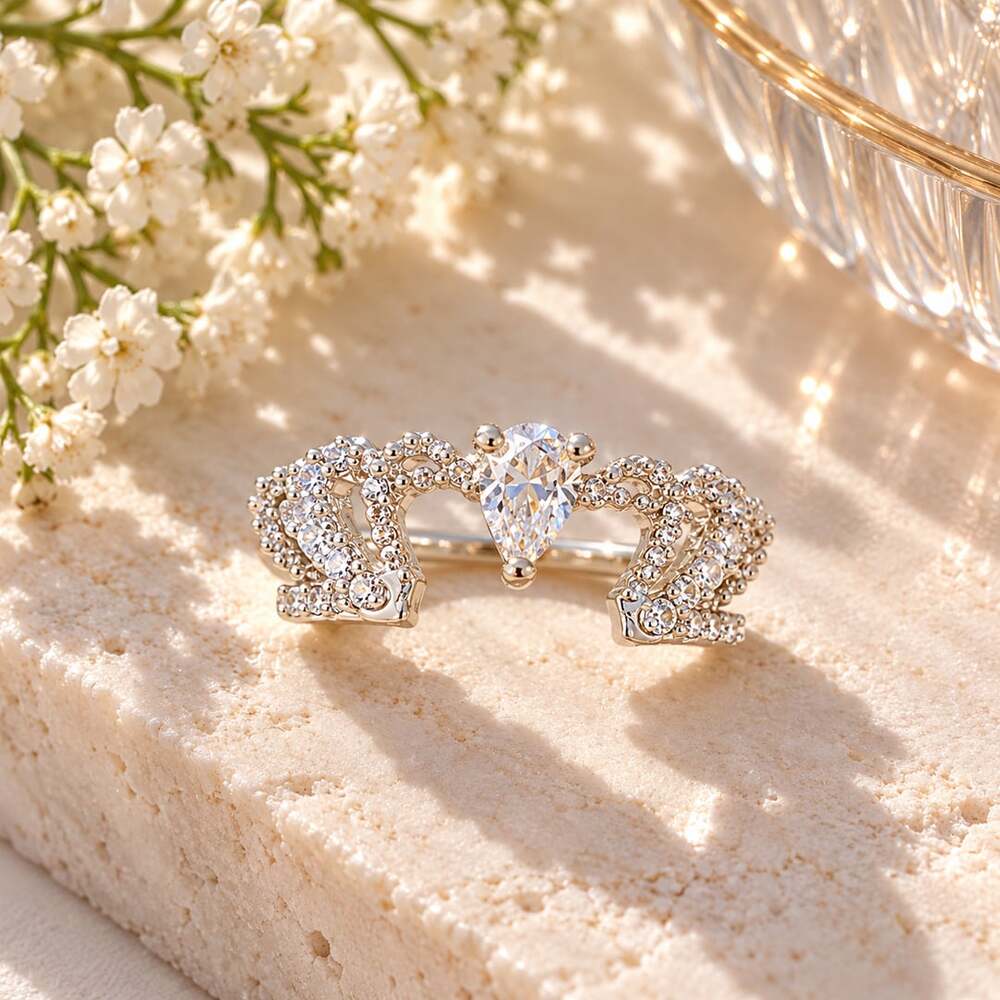 Silver Rhinestone Crown Heart Ring Coquette Princesscore Romantic Glam